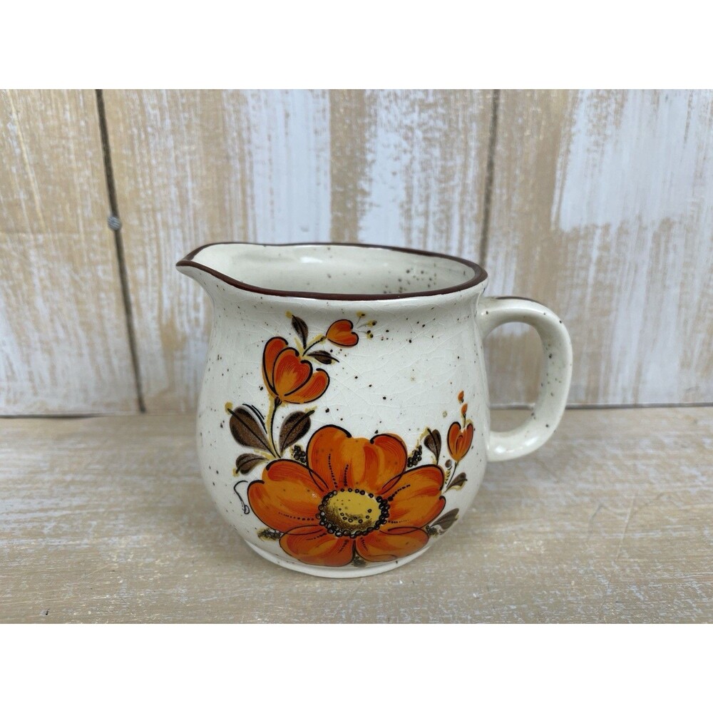 1970s Stoneware Orange Poppy Floral Speckled Creamer Pitcher Japan